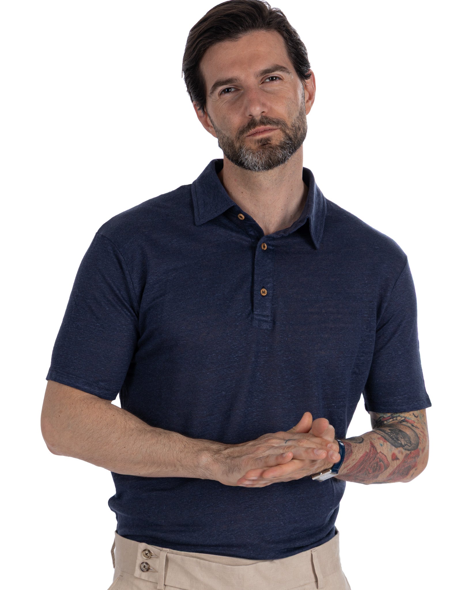 Marcos - polo tricoté en lin bleu