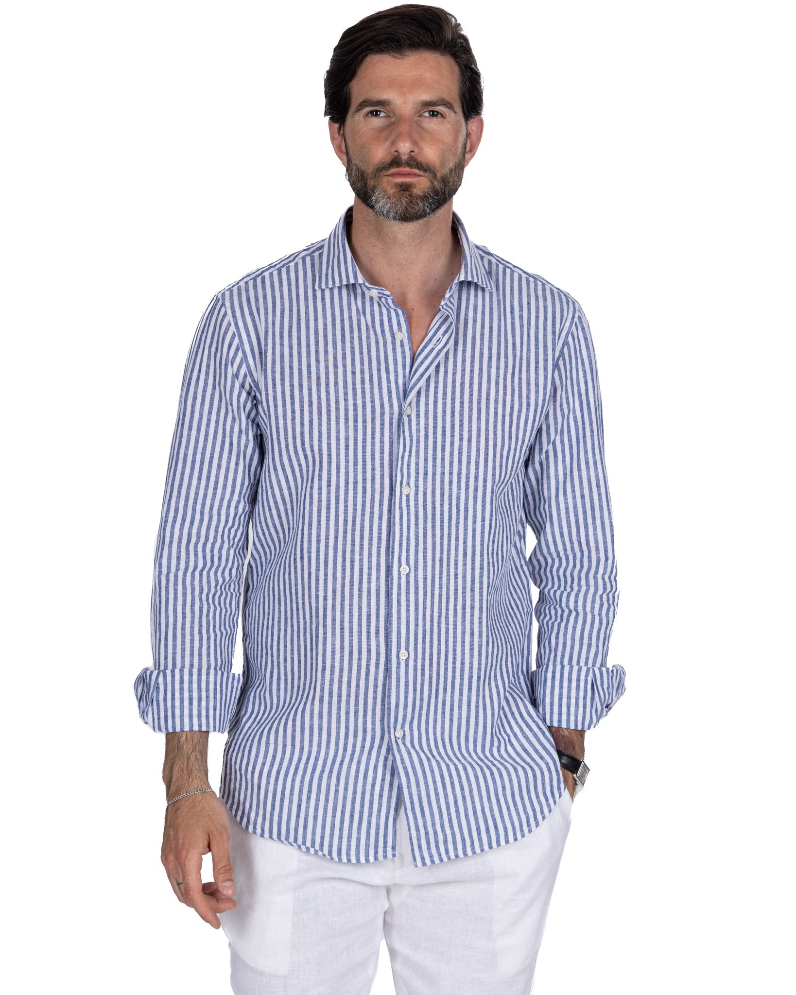 Cassis - Blue Striped Linen Blend Shirt