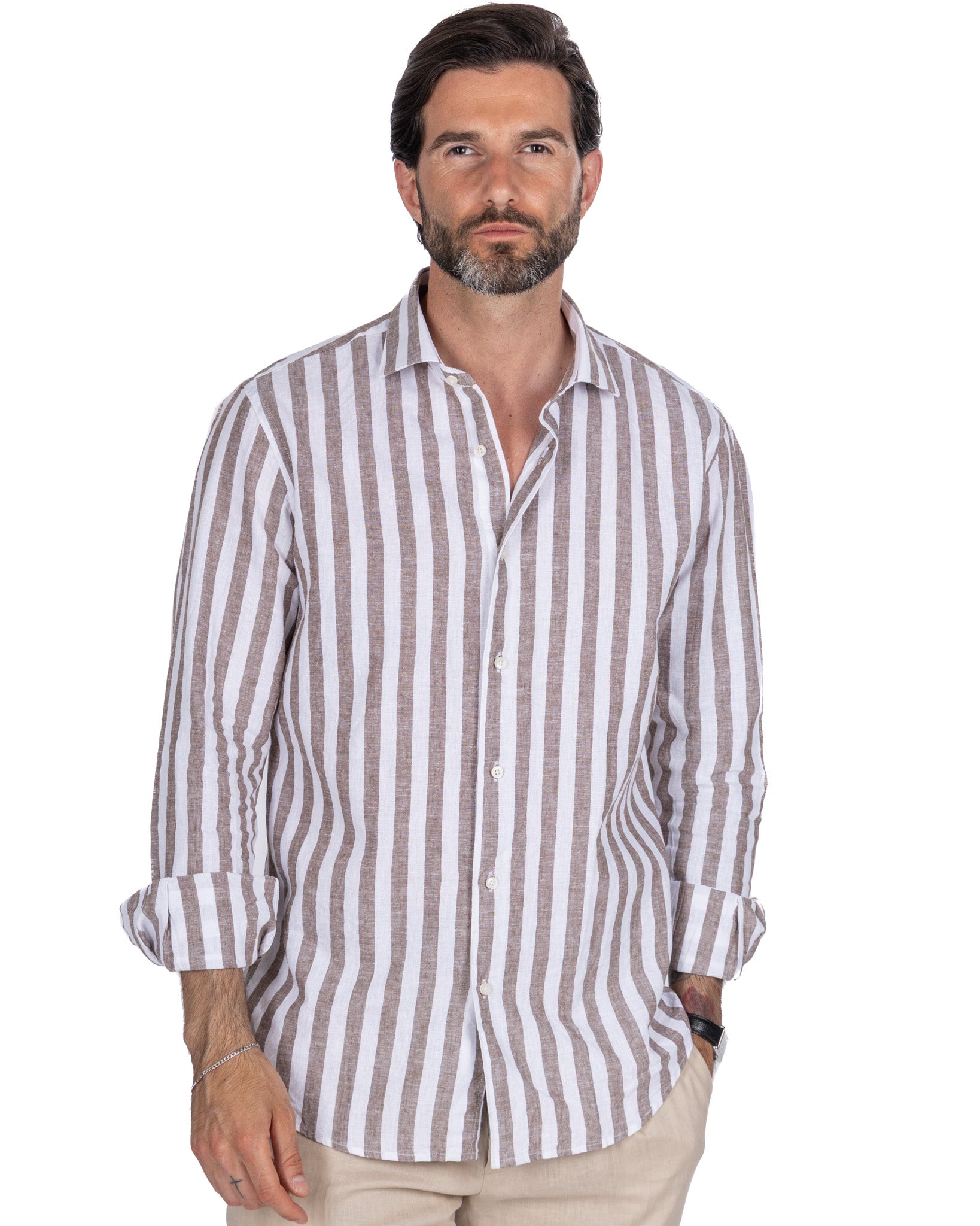 Eze - dark brown striped linen blend shirt