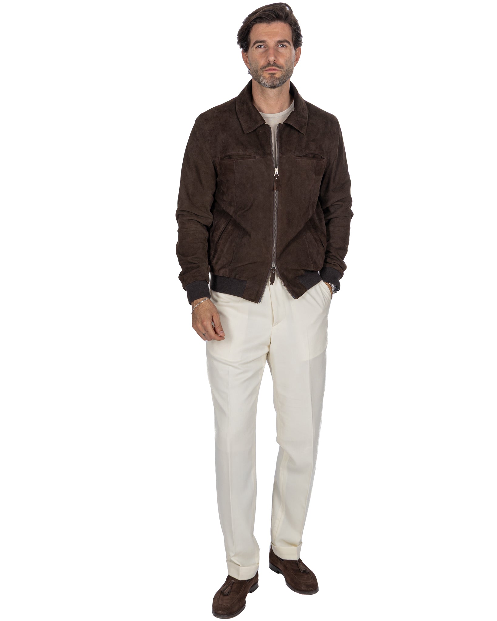 Veste zippée en daim marron foncé