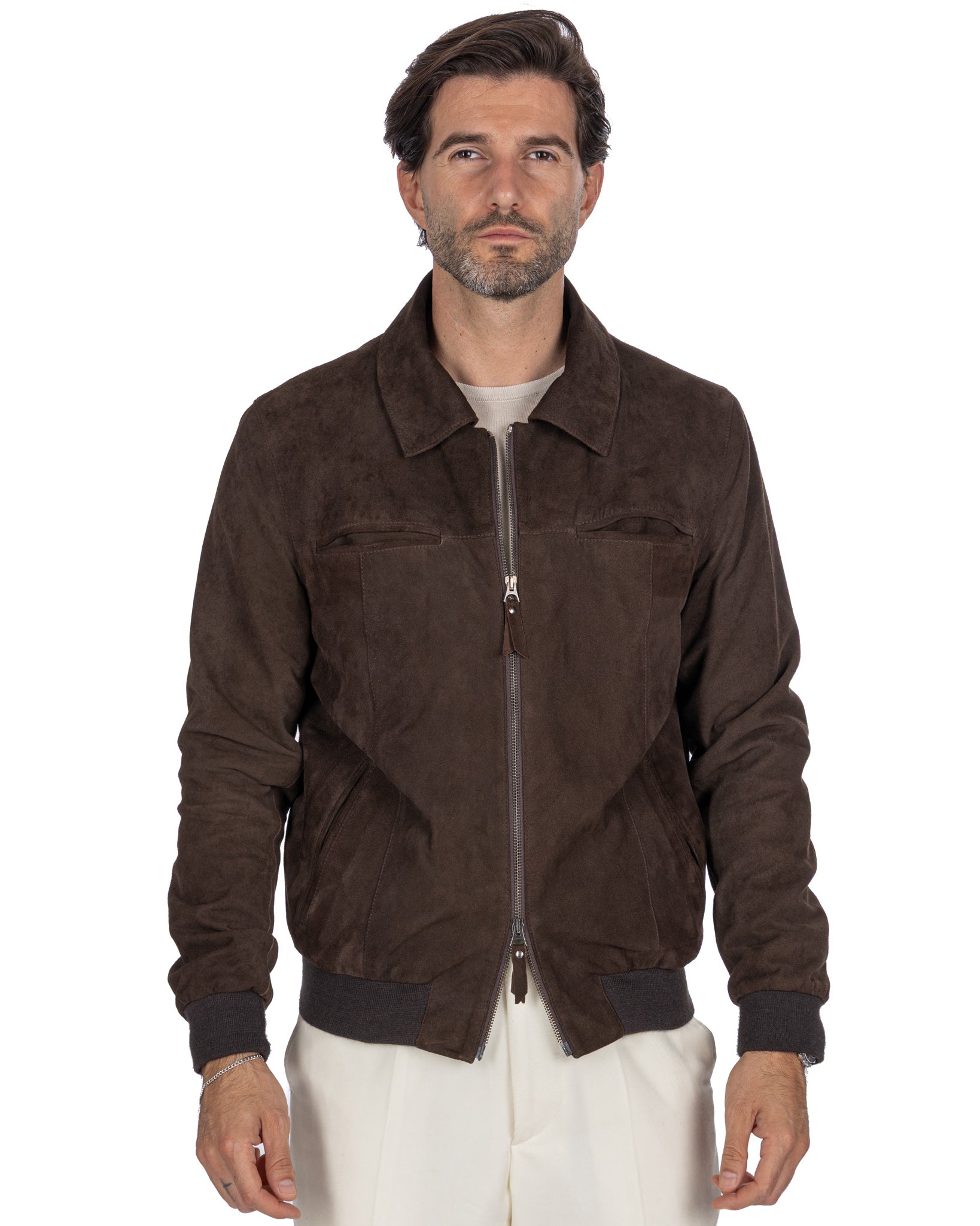 Veste zippée en daim marron foncé