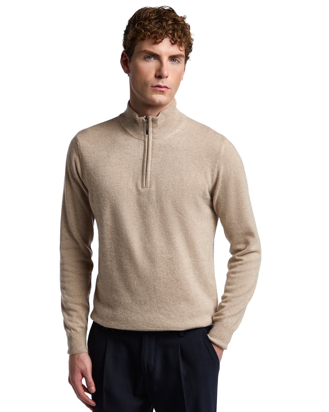 Jersey de cuello alto con cremallera Rory de mezcla de cachemir arena