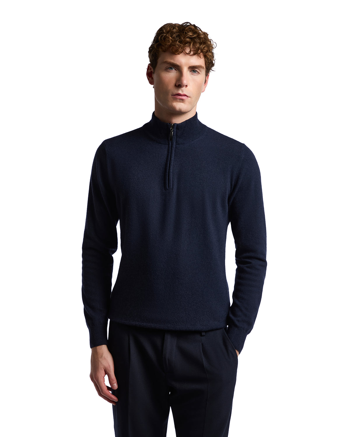 Jersey de cuello alto con cremallera Rory de mezcla de cachemira azul oscuro