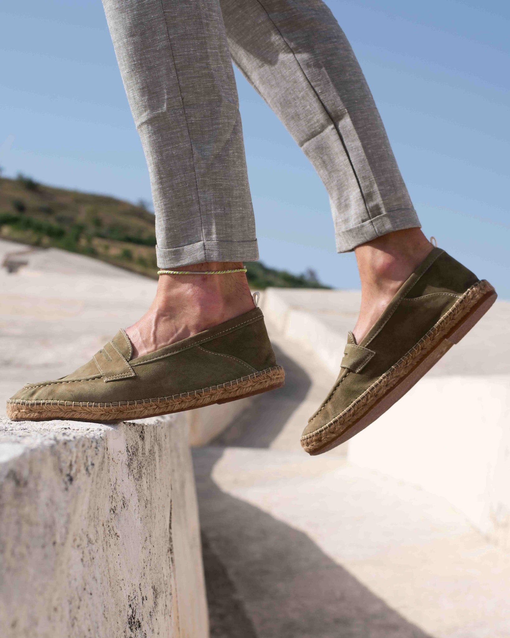 Roma - green suede moccasin with rope sole