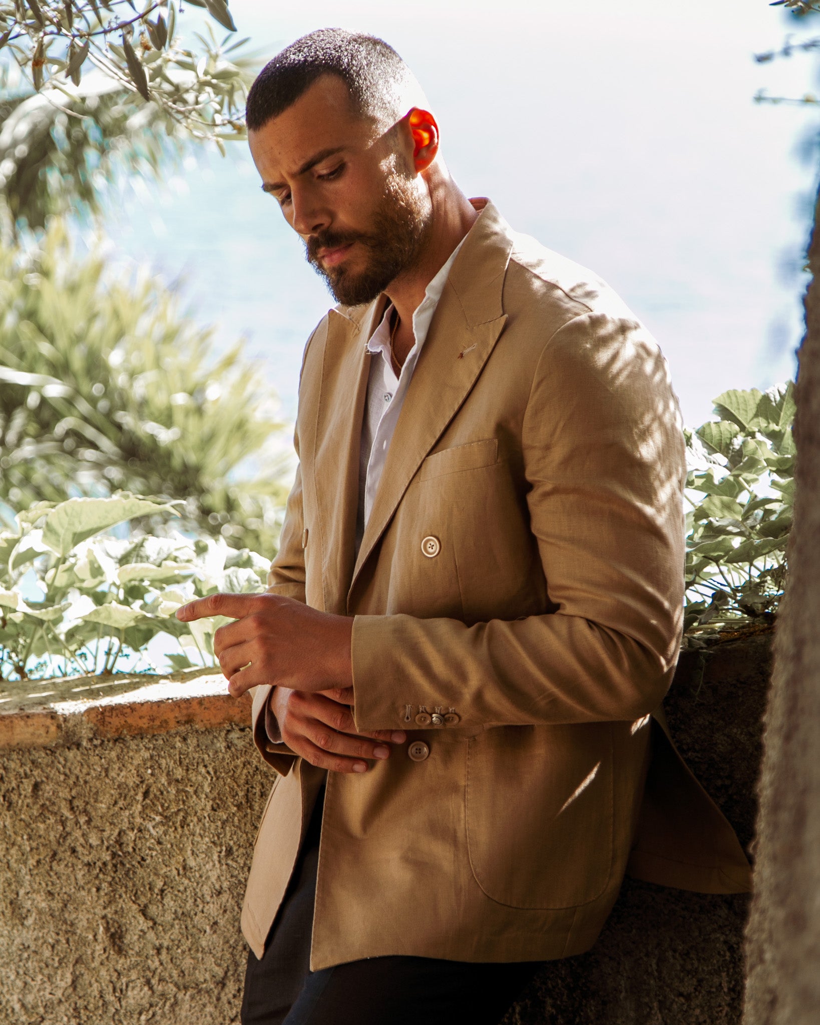 Baunei - camel pure linen double-breasted jacket