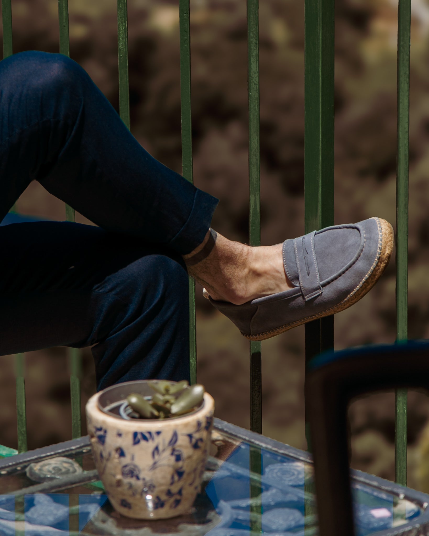 Roma - blue suede moccasin with rope sole