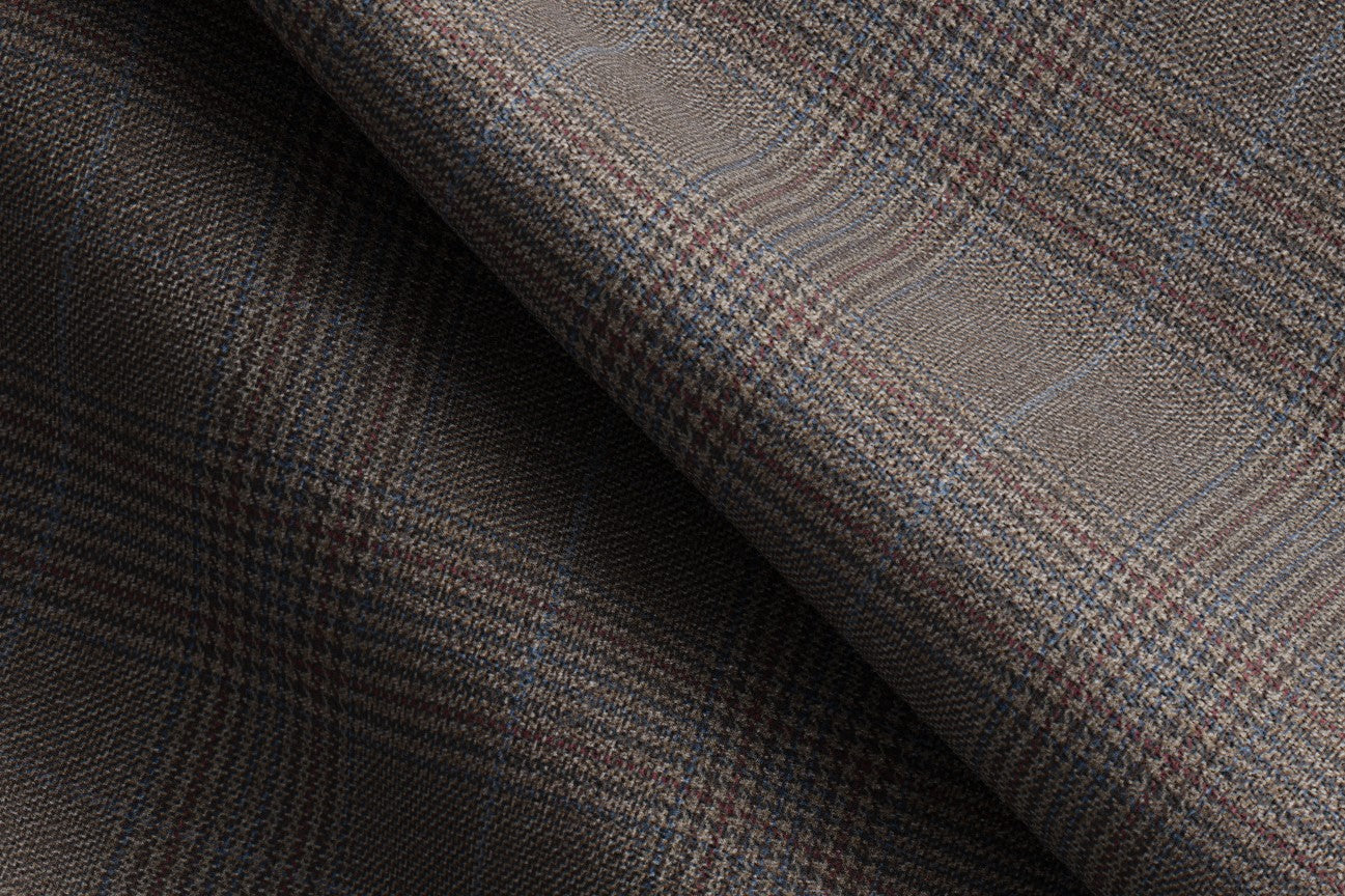Pantalon tailleur en laine Prince de Galles beige années 130 avec bande Caccioppoli