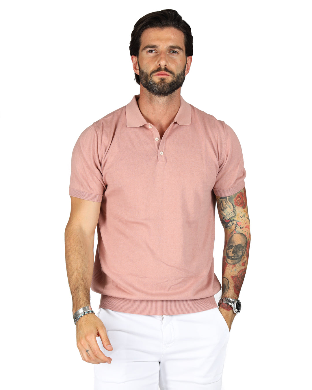 ROGER - POWDER PINK KNITTED POLO SHIRT