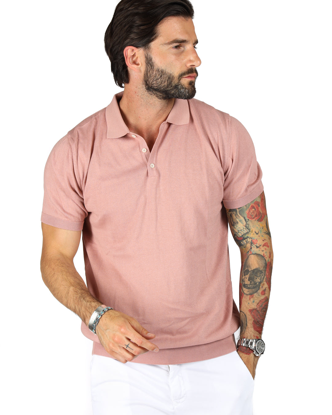 ROGER - POWDER PINK KNITTED POLO SHIRT