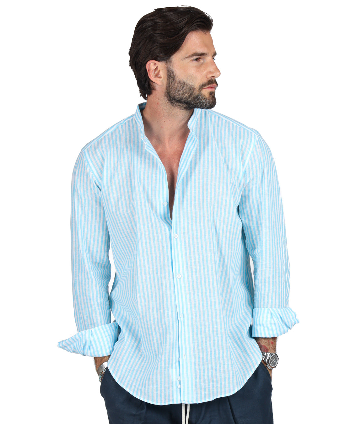 Ischia - Chemise coréenne en lin fines rayures turquoise