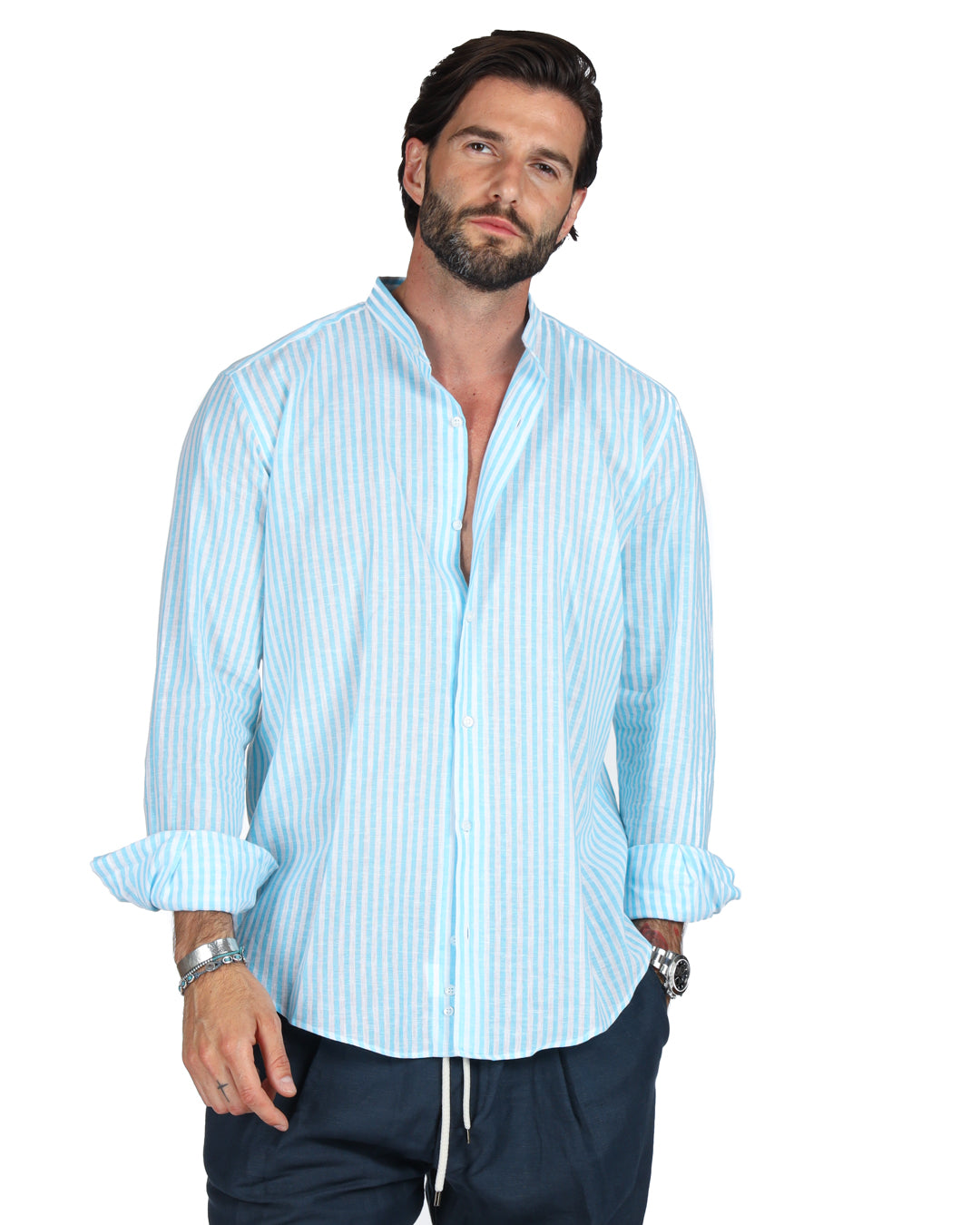 Ischia - Chemise coréenne en lin fines rayures turquoise