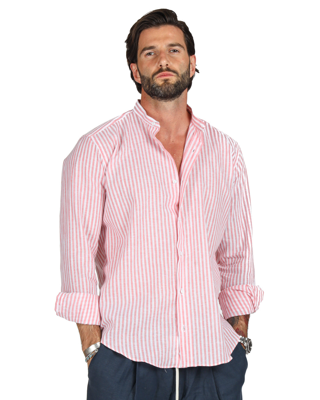 Ischia - Pink narrow striped Korean linen shirt