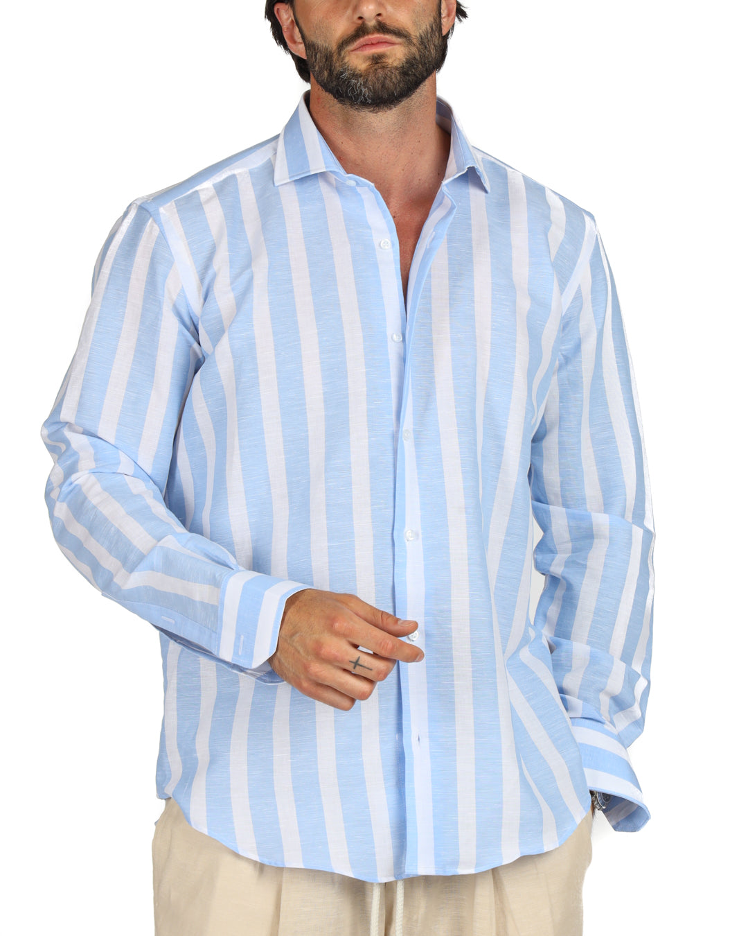 Amalfi - Camicia classica riga maxi azzurra