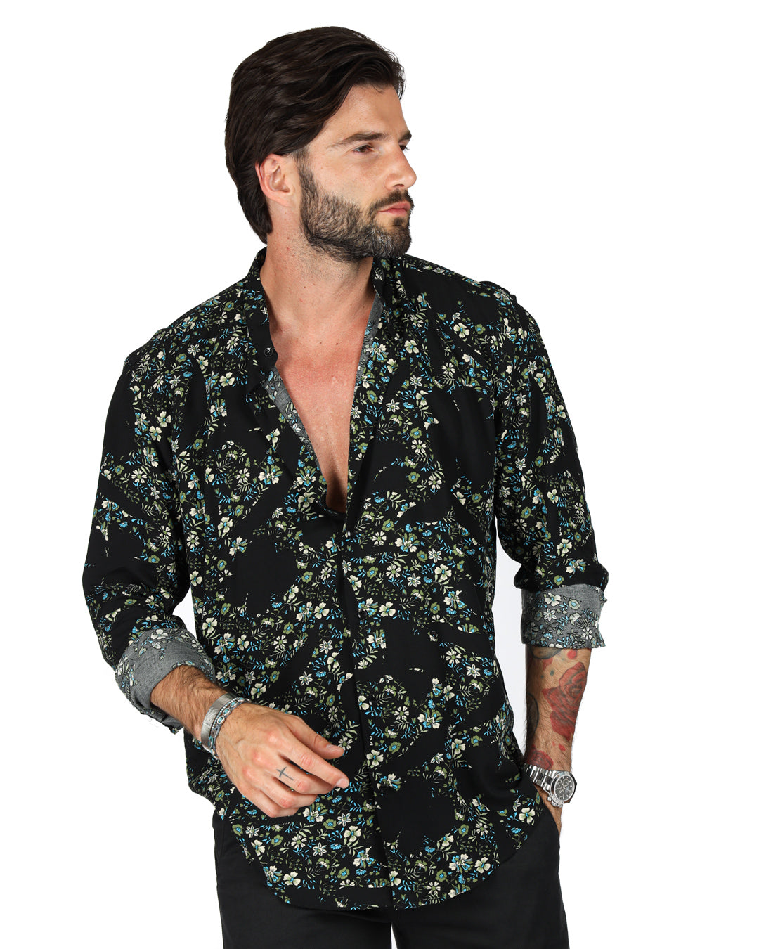 Aruba - Chemise coréenne bleue à motifs fleuris