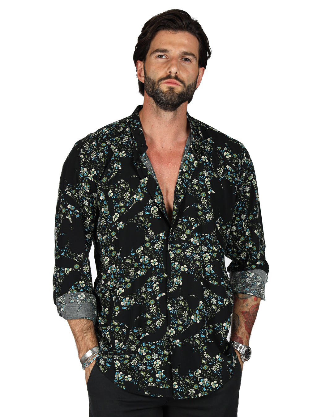 Aruba - Chemise coréenne bleue à motifs fleuris