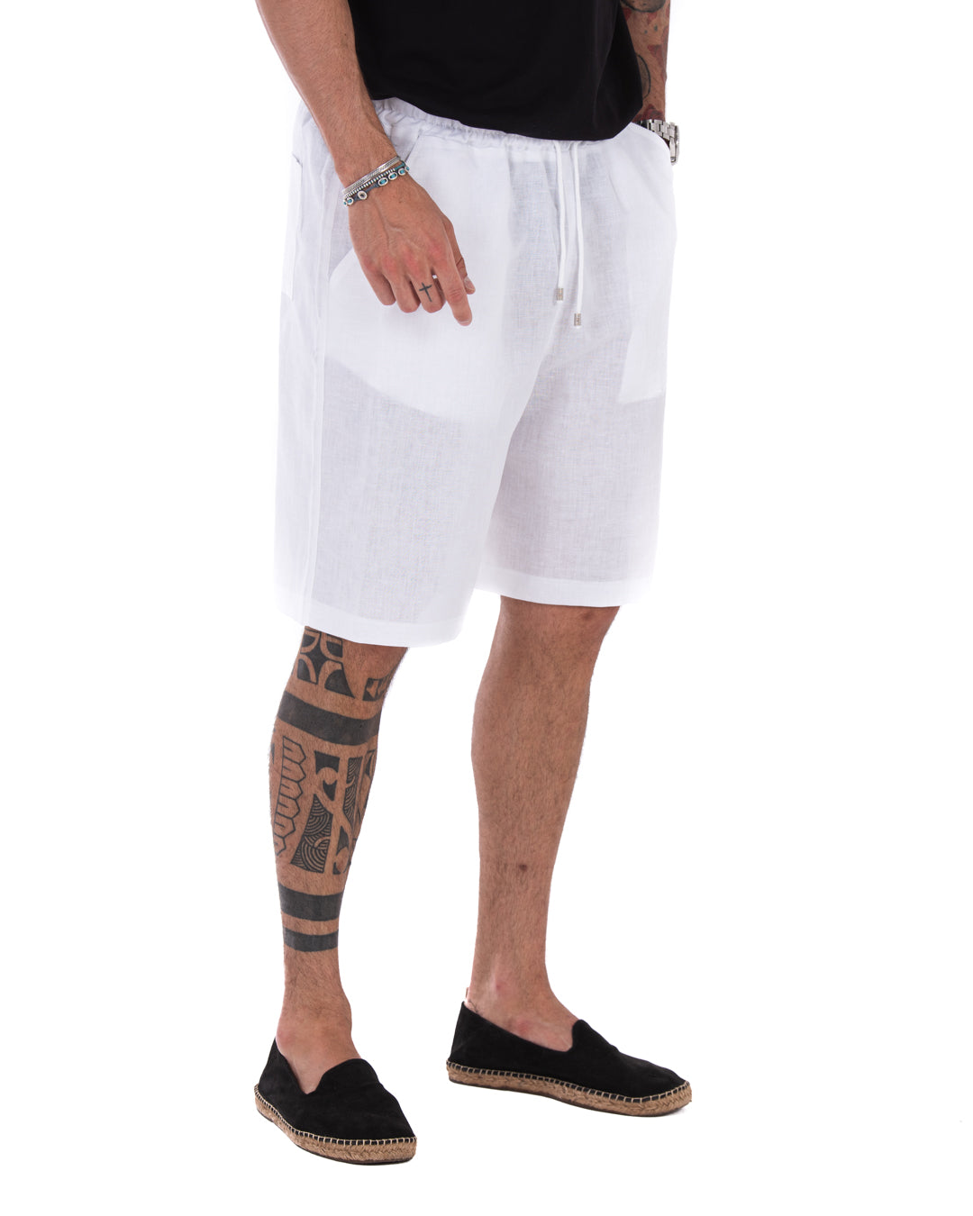 DANILO 2.0 - WHITE LINEN BERMUDA SHORTS WITH ELASTIC