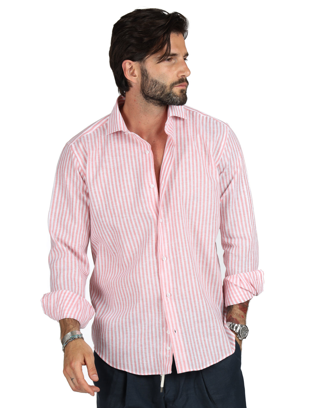 Ischia - Camicia classica righe strette rosa in lino