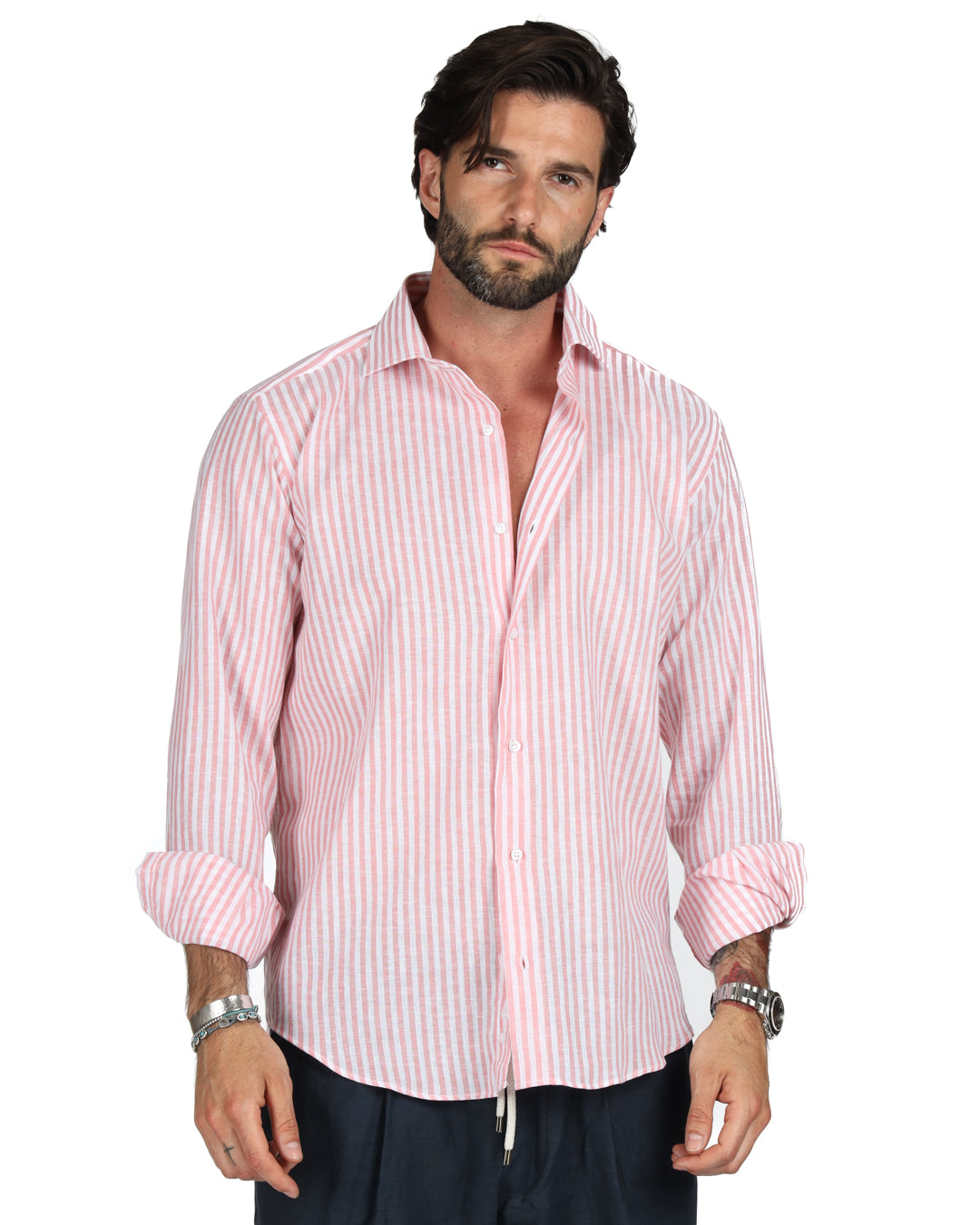 Ischia - Chemise en lin à fines rayures rose classique