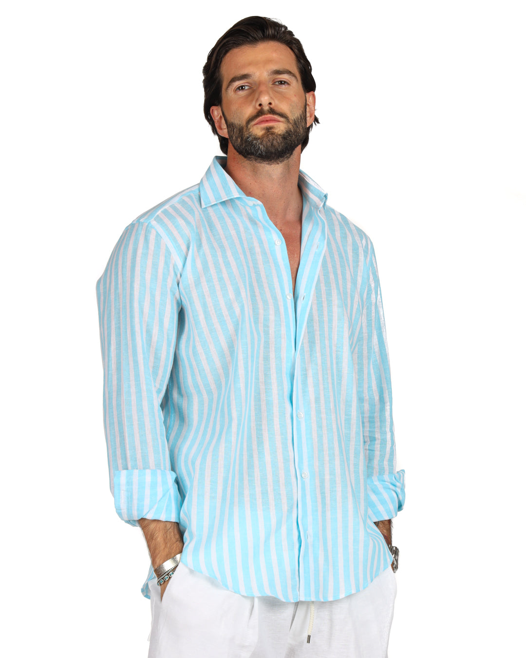 Procida - Classic turquoise wide striped linen shirt