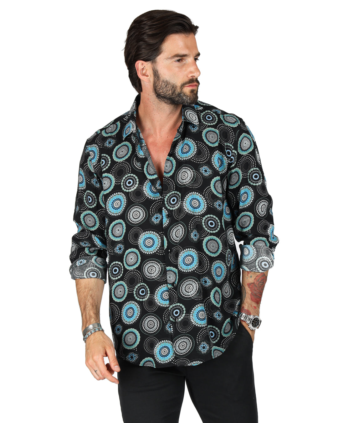 Tobago - Camicia classica fantasia circolare nera